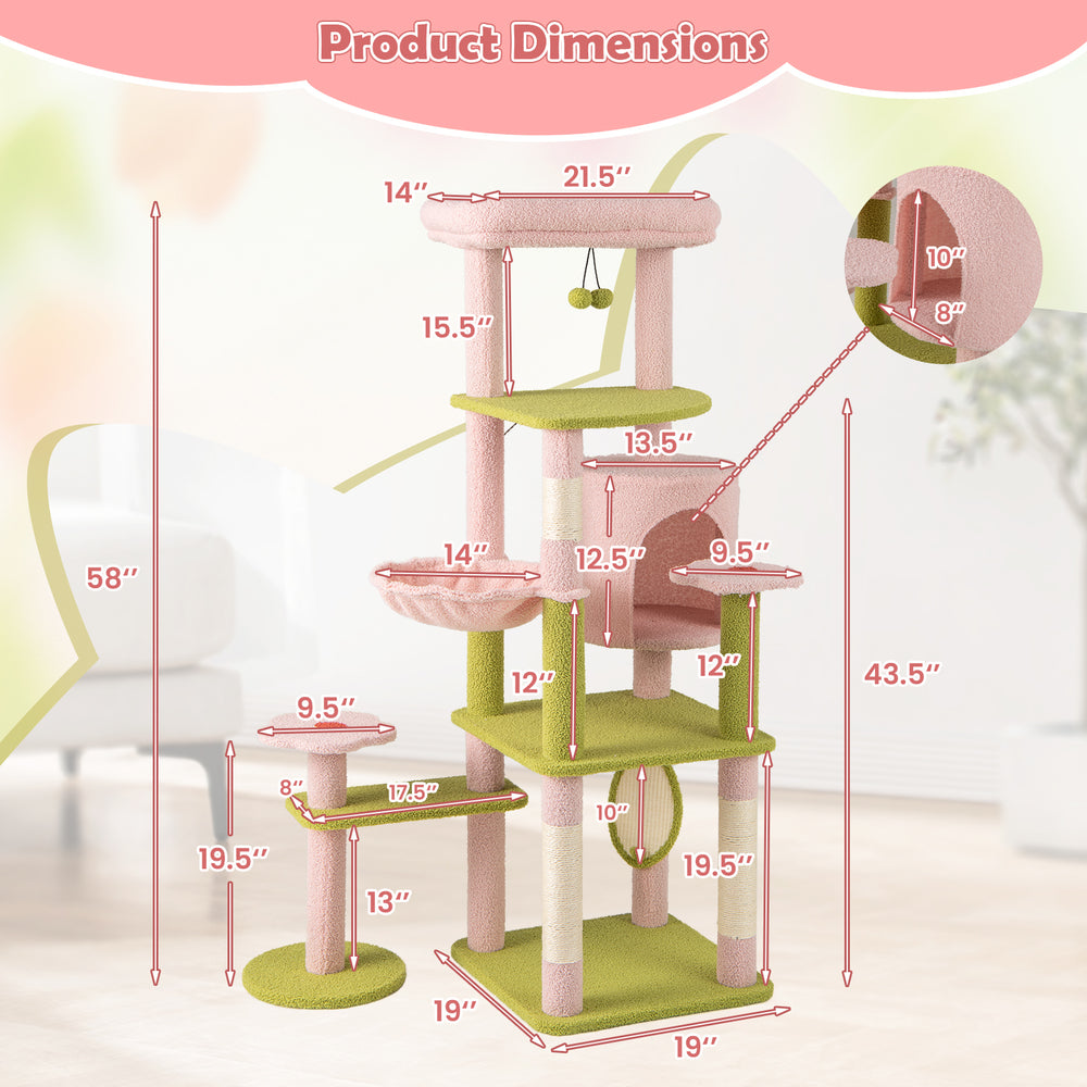Multi-level cat tree with pink floral design, featuring cozy condo, hammock, and scratching posts for playful cats.