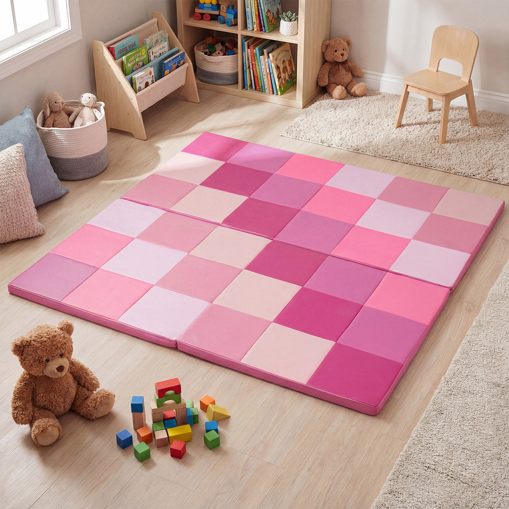 Colorful pink toddler folding activity floor mat with non-toxic foam, waterproof surface, and anti-slip design for safe.