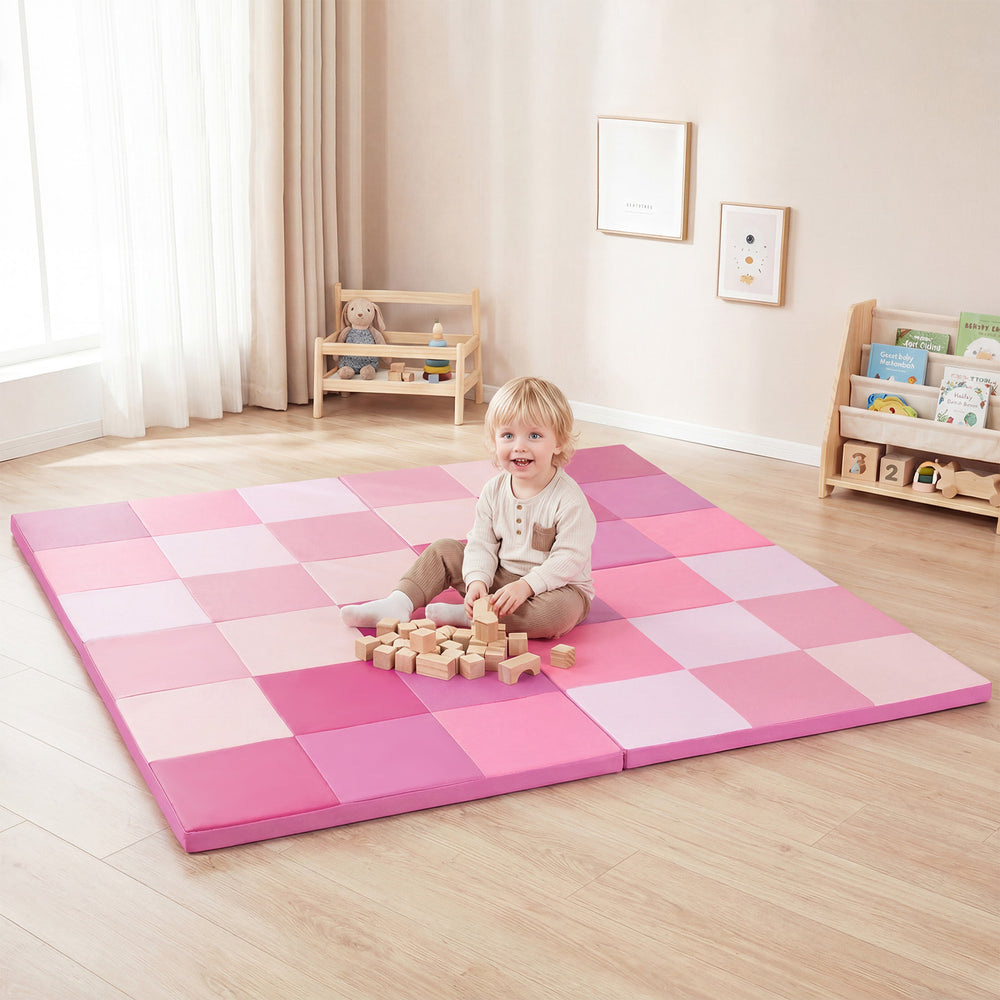 Colorful pink toddler folding activity floor mat with thick foam, ideal for safe play and easy storage.