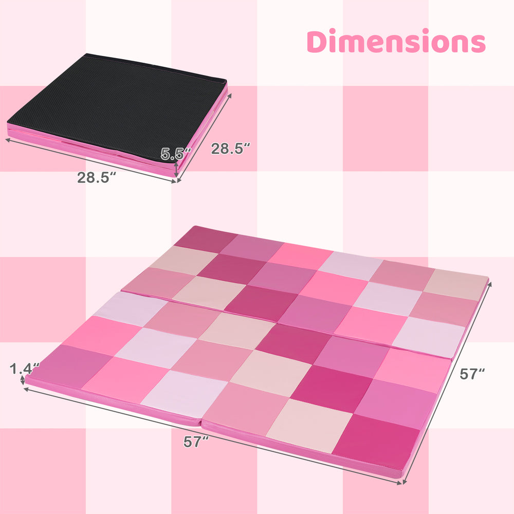Pink toddler folding activity floor mat with dimensions 57" x 57", featuring a non-toxic, waterproof PU surface.