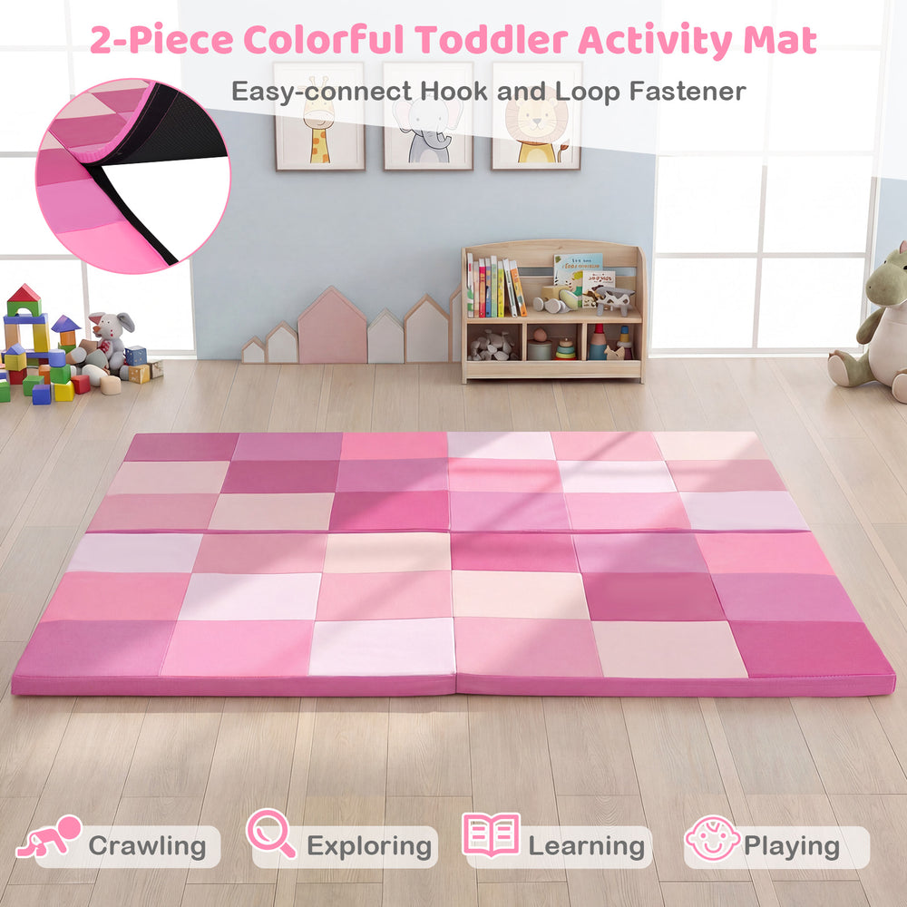 Colorful 58-inch pink toddler activity mat with foldable design, non-toxic materials, and anti-slip surface for safe.