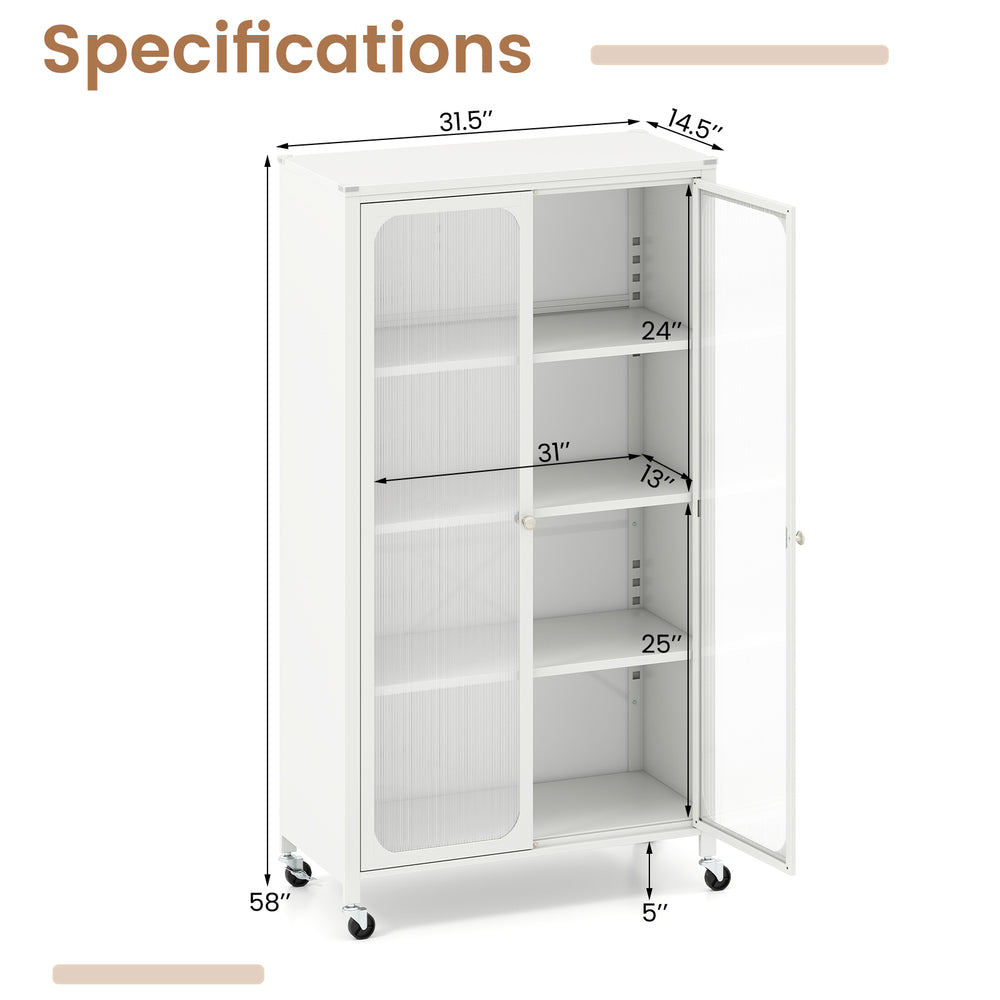 White 58-inch bookcase with adjustable shelves, lockable wheels, and transparent doors for versatile storage solutions.