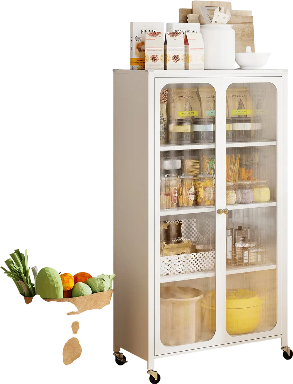 White 58-inch bookcase with adjustable shelves, transparent doors, and lockable wheels for versatile storage in any.