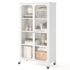 White 58-inch bookcase with adjustable shelves, lockable wheels, and transparent doors for organized storage.