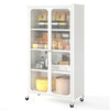 White 58-inch bookcase with adjustable shelves, lockable wheels, and transparent doors for organized storage in any.