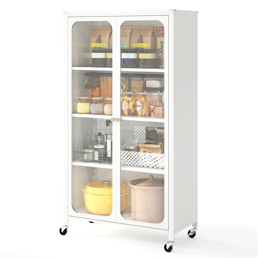 White 58-inch bookcase with adjustable shelves, lockable wheels, and transparent doors for organized storage in any.