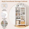 58-inch white bookcase with adjustable shelves, lockable wheels, and translucent doors for versatile storage solutions.
