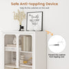 58-inch white bookcase with adjustable shelves, lockable wheels, and anti-tipping device for stable storage.