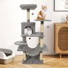 Multi-level light gray cat tree with padded top perch, cozy condo, and sisal scratching posts for active play.