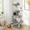 Multi-level light gray cat tree with padded top perch, condo, and sisal scratching posts for playful cats.