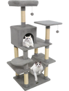 Multi-level cat tree in light gray with padded top perch, cozy condo, and natural sisal scratching posts for playful.