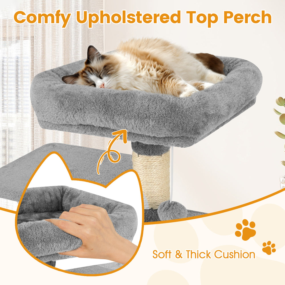 Padded top perch of the 58" multi-level cat tree in light gray, featuring soft plush fabric for comfort and lounging.