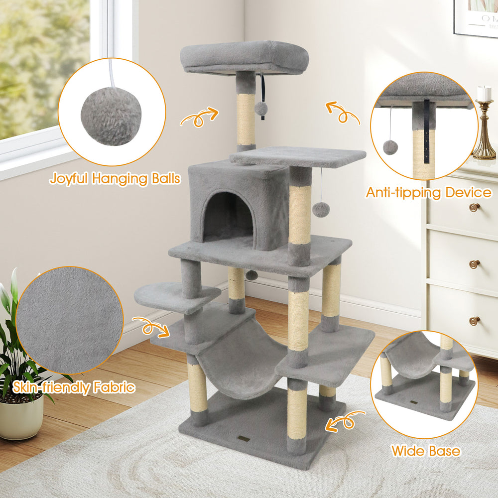 Multi-level light gray cat tree with padded top perch, sisal scratching posts, and hanging balls for interactive play.