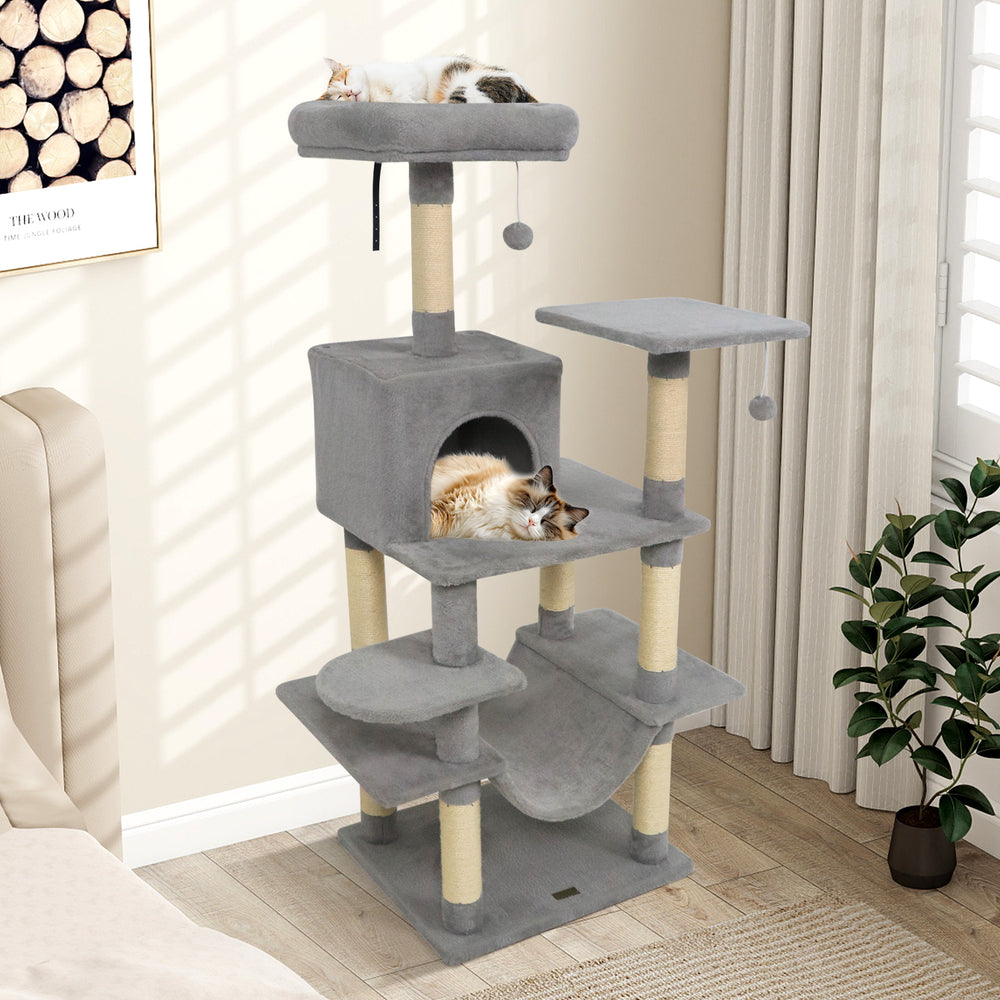 Multi-level cat tree in light gray with padded top perch, cozy condo, and sisal scratching posts for playful cats.