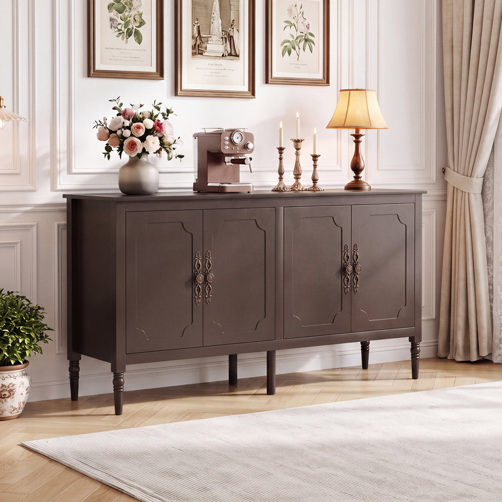 58" Vintage Buffet Cabinet with Pine Wood Legs and Adjustable Shelves for Kitchen-Brown - Gallery View 1 of 11