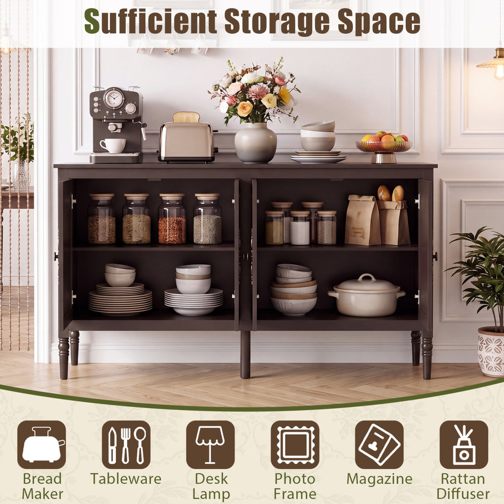 Vintage 58" buffet cabinet with pine wood legs, adjustable shelves, and ample storage for kitchen essentials and decor.