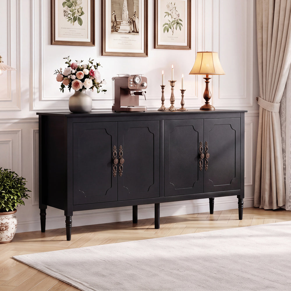 58" Vintage Buffet Cabinet with Pine Wood Legs and Adjustable Shelves for Kitchen-Black - Gallery View 1 of 11