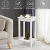 White 2-tier end table with solid wood legs, featuring a compact design and ample storage for versatile home use.