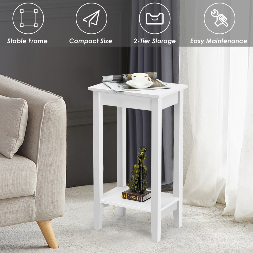 White 2-tier end table with solid wood legs, featuring a compact design and ample storage for versatile home use.