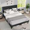Queen size upholstered bed frame in dark gray with tufted headboard, featuring sturdy wooden slats and ample under-bed.