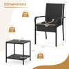 Dimensions of the 3-piece patio furniture set featuring a black PE rattan chair and side table with tempered glass.