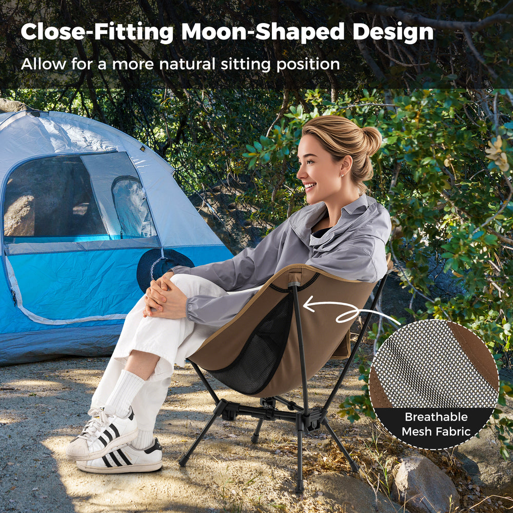 Portable camping chair with breathable mesh fabric and ergonomic moon-shaped design, ideal for outdoor activities.
