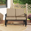 Outdoor 2-person glider rocking loveseat with thick cushions and metal frame, perfect for patio relaxation.