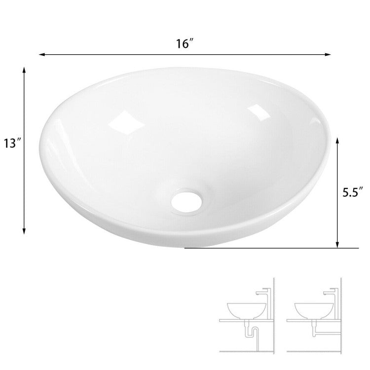Oval ceramic sink measuring 16"x13"x5.5", designed for modern bathrooms with ample storage and sleek aesthetics.