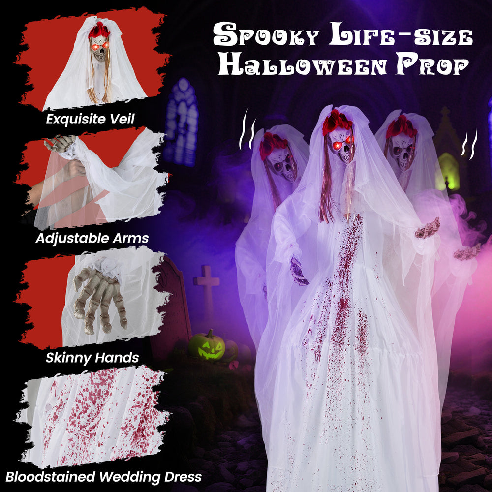 Life-size Halloween animatronic bride with moving head, poseable arms, and bloodstained dress for haunted house decor.
