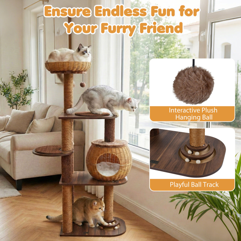 Multi-level cat tree with rattan condo, plush ball, and scratching posts, perfect for active play in any room.