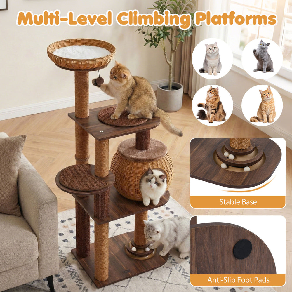Multi-level cat tree with PE rattan condo, plush cushions, and anti-slip foot pads for safe climbing and lounging.
