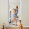 Extra tall 59” white pet gate with wide opening, ideal for doorways, featuring heavy-duty metal construction for safety.
