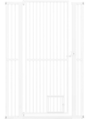 59" extra tall white metal pet gate with wide opening, designed for doorways and kitchens, ensuring maximum safety.