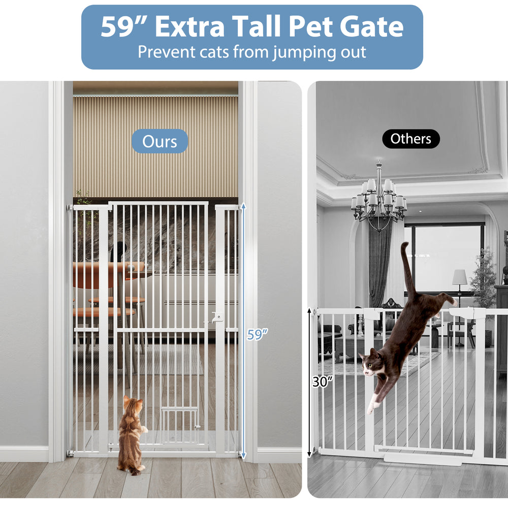 59” extra tall white metal pet gate with wide opening, ideal for doorways, preventing cats from jumping out.
