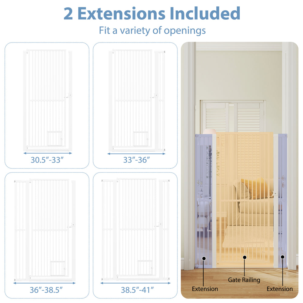 Extra tall 59" white metal pet gate with 2 extensions, fitting openings from 30.5" to 41", ideal for doorways.