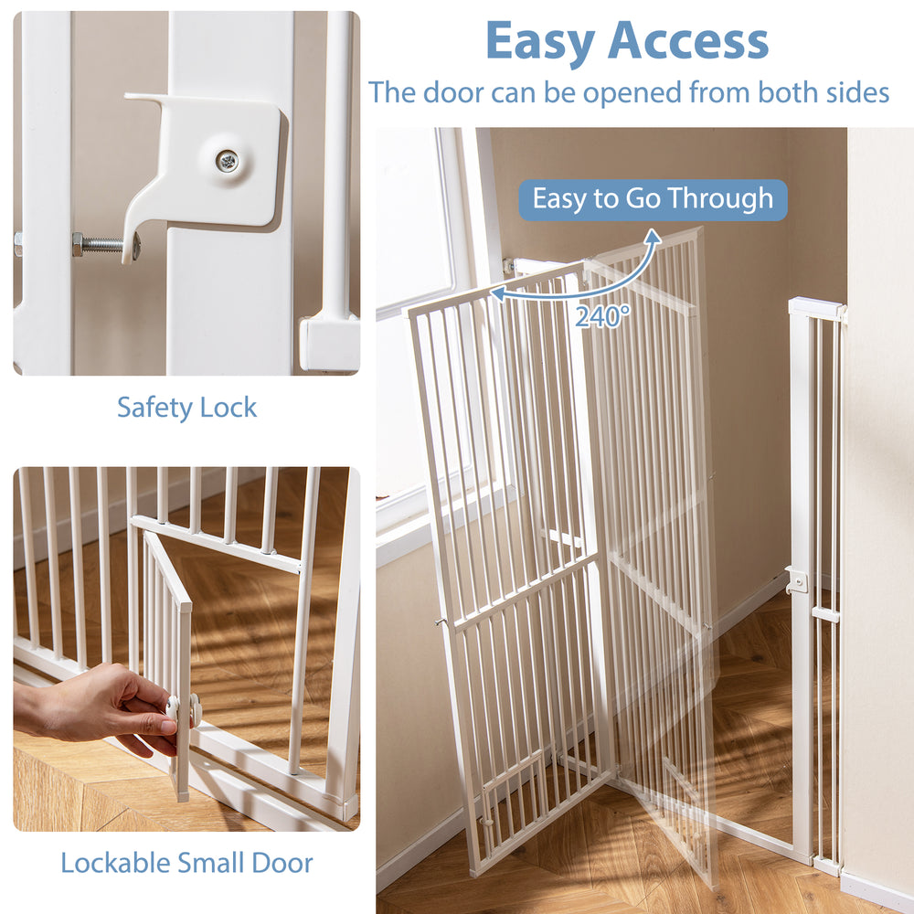Extra tall 59” white metal pet gate with lockable small door, easy access from both sides, ideal for doorways.