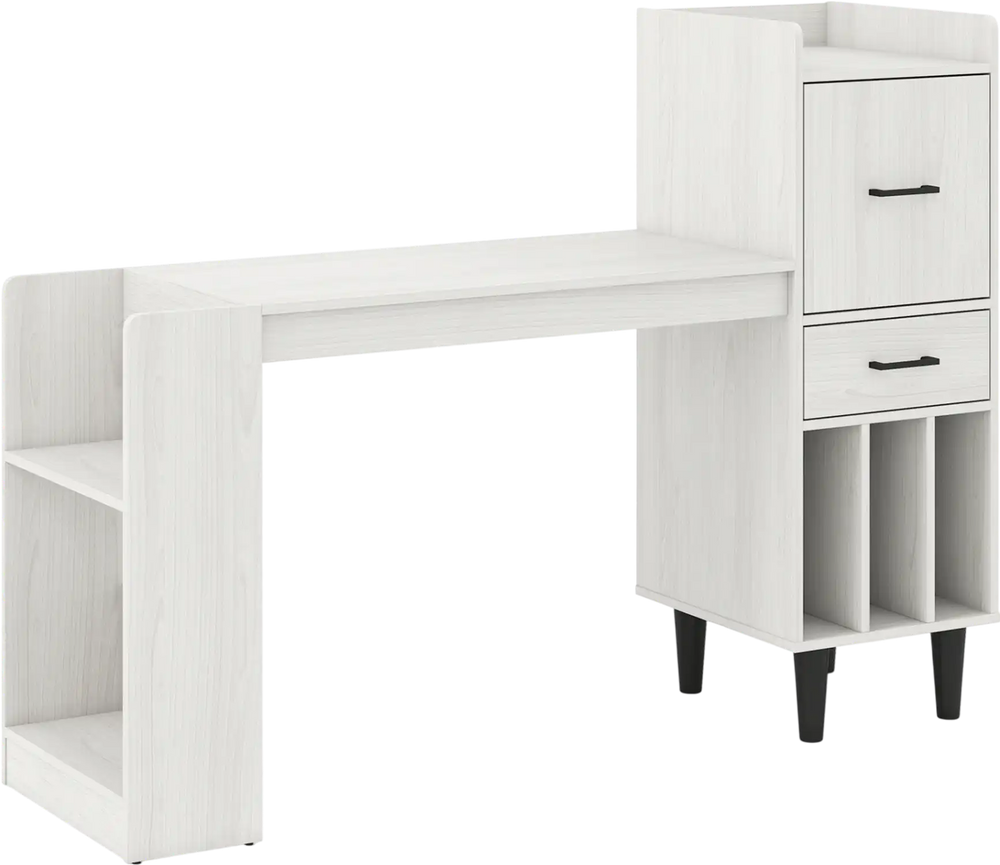 Home office desk in white with side storage shelves, drawer cabinets, and ample workspace for writing or gaming.