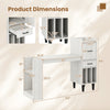Dimensions of the 59" white home office desk with side storage shelves, drawer cabinets, and elegant wood-textured top.
