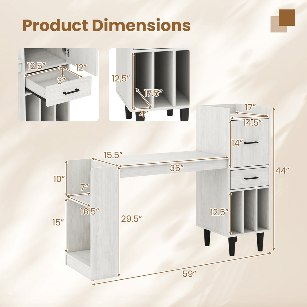 Dimensions of the 59" white home office desk with side storage shelves, drawer cabinets, and elegant wood-textured top.