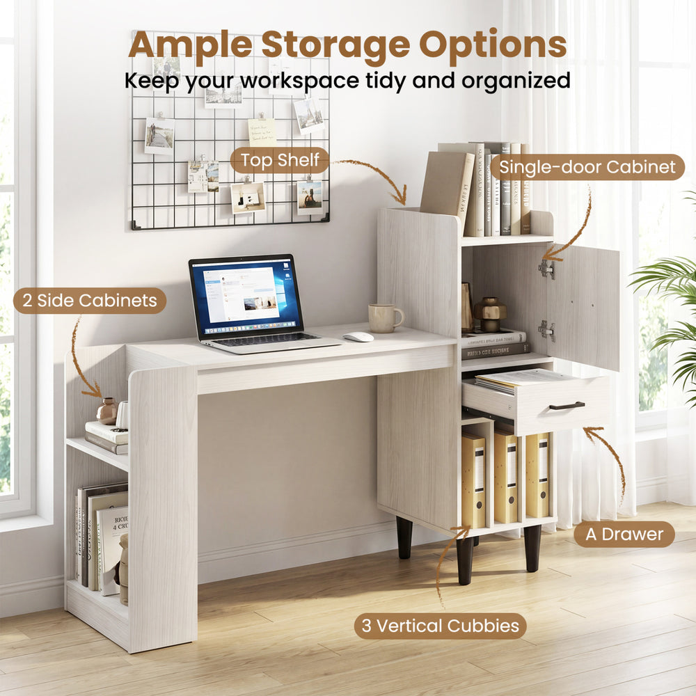 Home office desk with a 36" wood-textured top, side storage shelves, drawer cabinets, and ample organization options.
