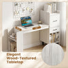 Home office desk with a 36" wood-textured tabletop, side storage shelves, and drawer cabinets in white for organized workspace.