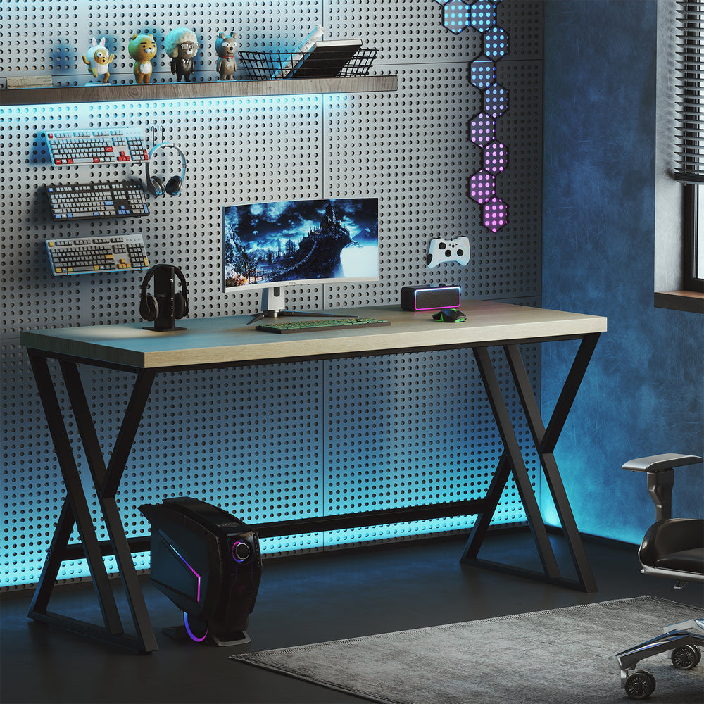 59-inch computer desk with a gray tabletop and heavy-duty metal frame, ideal for office or gaming setups.