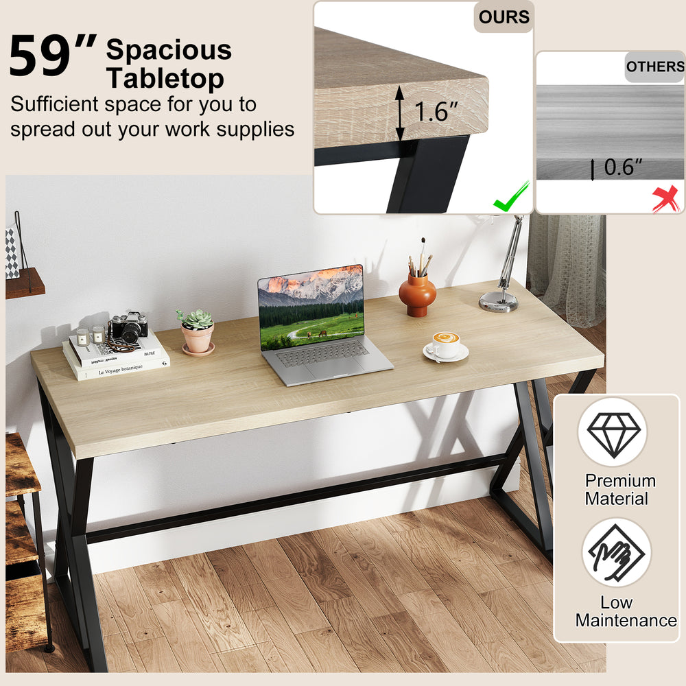 59-inch computer desk with a 1.6" thick gray tabletop and heavy-duty metal frame, ideal for office or dining room use.