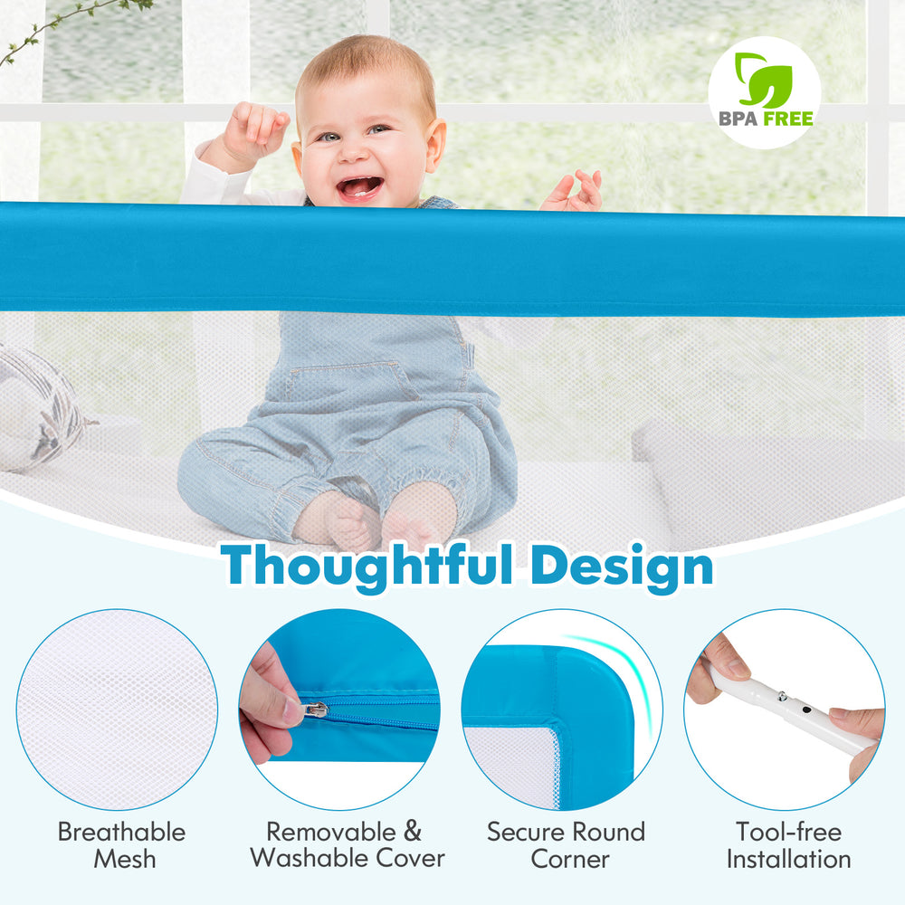 Breathable mesh baby bed rail guard in blue, 59" long, tool-free installation for added safety and stability.