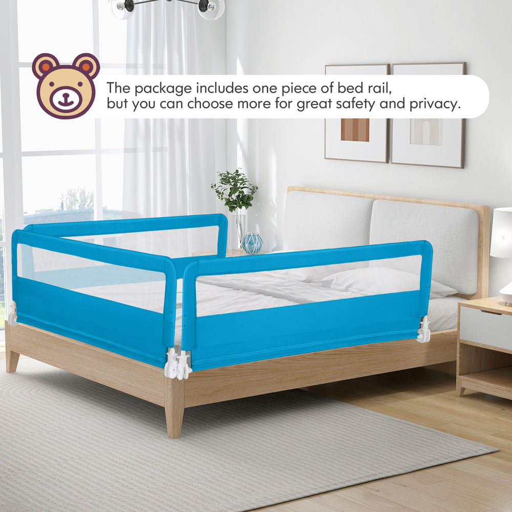 Folding 59-inch blue baby bed rail guard with breathable mesh, designed for safety and easy installation on queen beds.