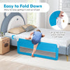 Folding blue baby bed rail guard with breathable mesh, 59" long, easily swings down for safe bed access.