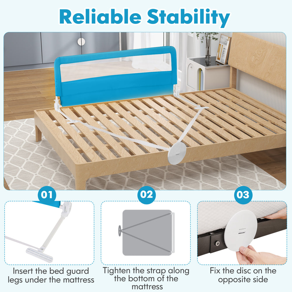 Folding 59-inch blue baby bed rail guard with safety strap, featuring breathable mesh and sturdy steel construction for.