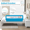 Folding 59-inch blue baby bed rail with breathable mesh, designed for safety and easy installation on queen mattresses.