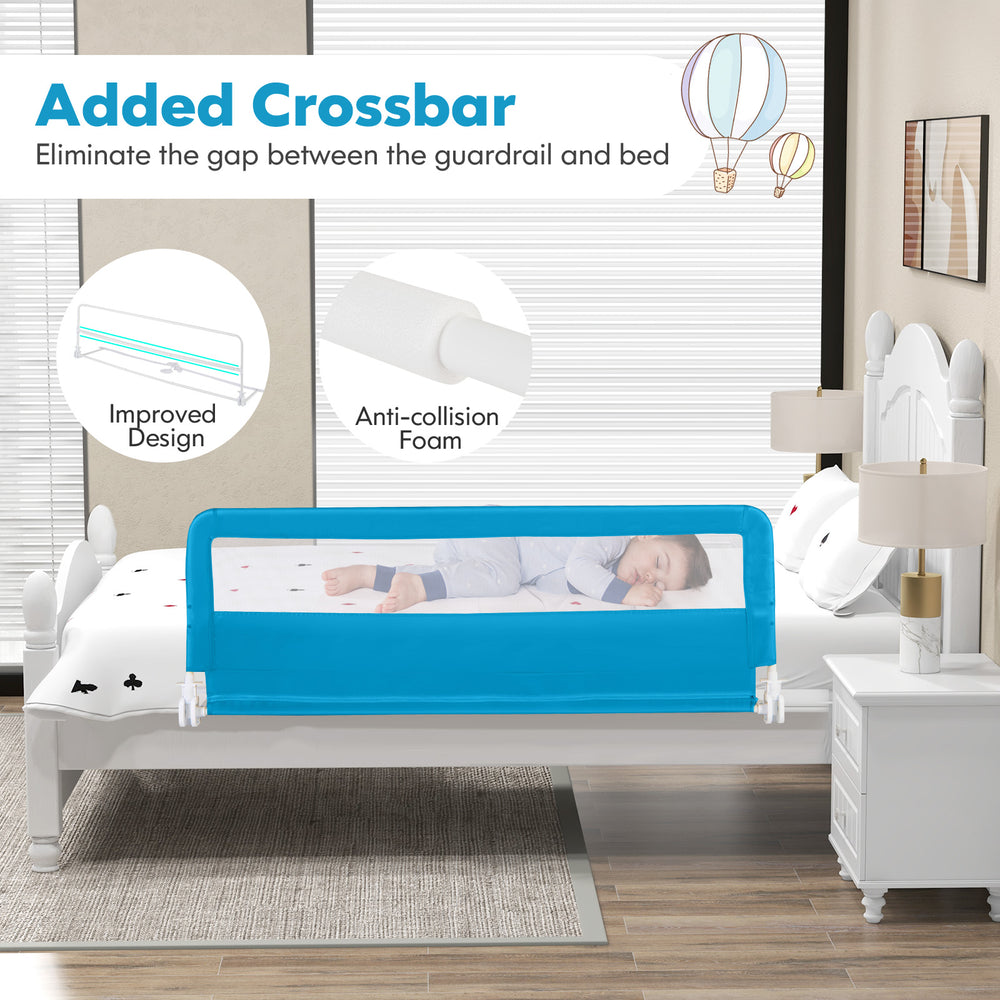 Folding 59-inch blue baby bed rail with breathable mesh, designed for safety and easy installation on queen mattresses.