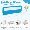 Blue 59-inch folding baby bed rail guard with breathable mesh, designed for safety and easy installation on various bed.